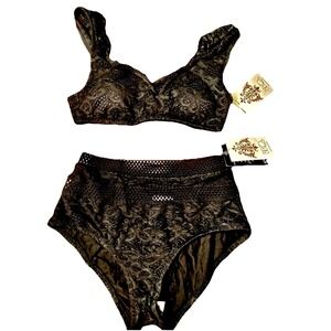 NWT‎ BECCA  Swimsuit Bikini Crochet Set Bra Size S Black Lace Trim High Waisted